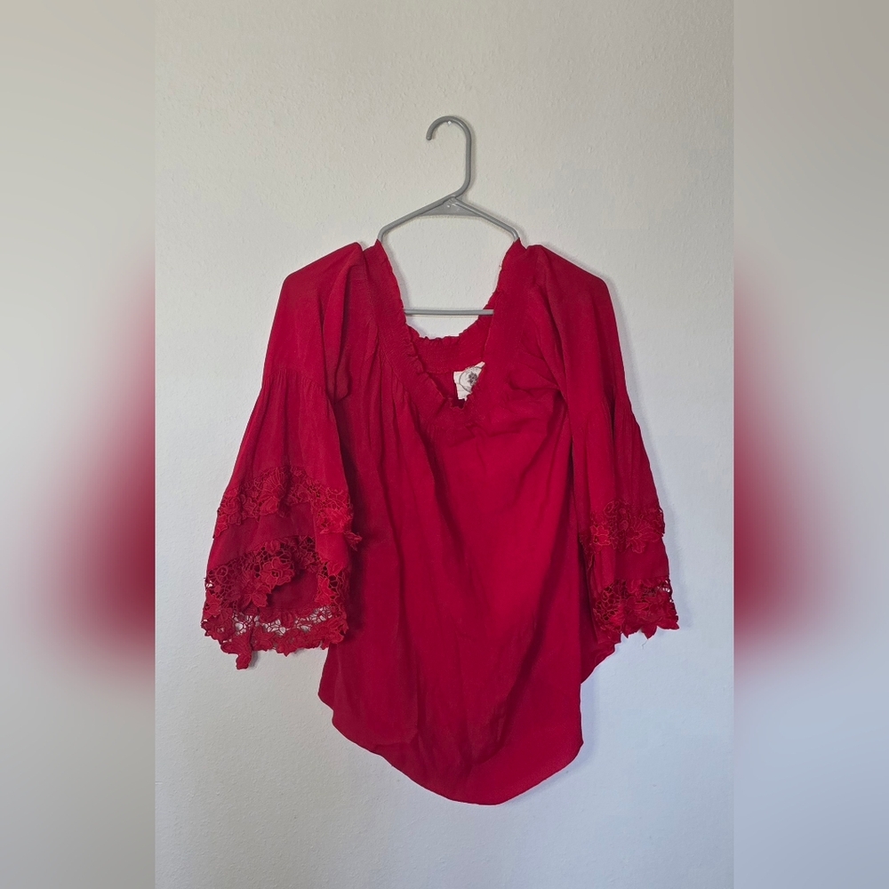 Muche & Muchette Red Boho Lace Bell Sleeve Cottage Festival Peasant Top OS